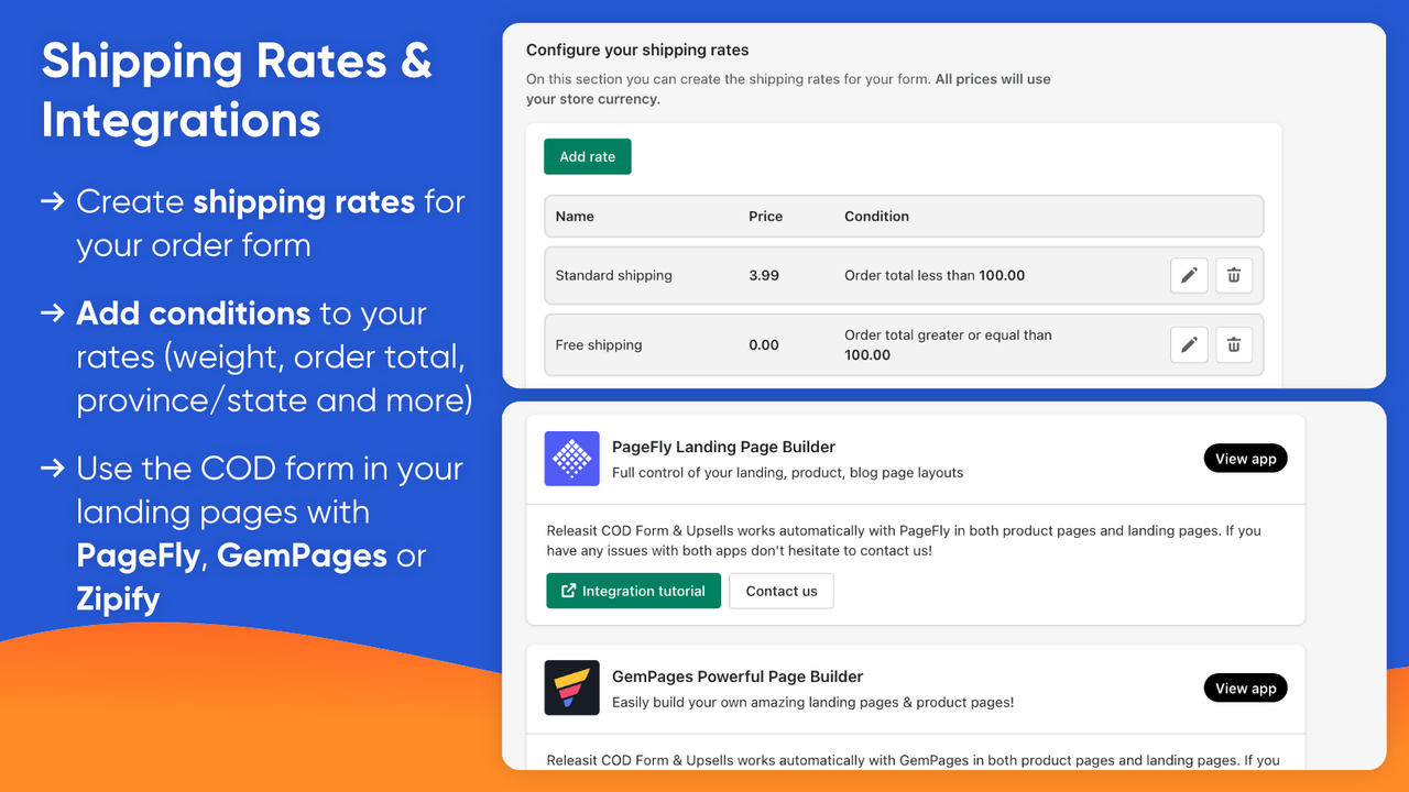 Shipping rates and integrations for the COD form