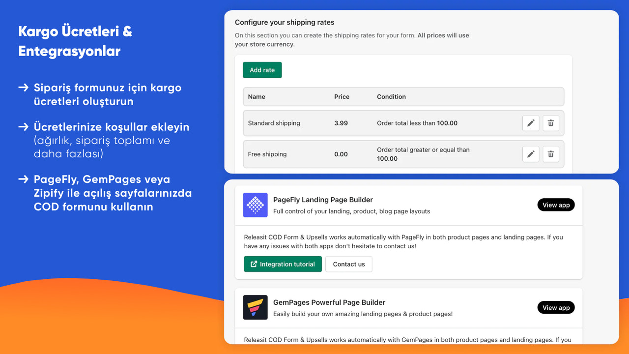 Kapıda Ödeme formu için kargo ücretleri ve entegrasyonlar