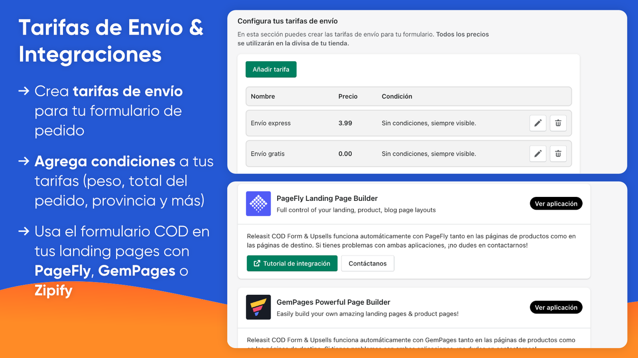 Tarifas de envío e integraciones para el formulario