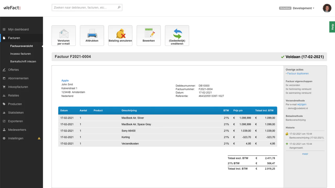 WeFact factuur automatisch aangemaakt op basis van Shopify bestelling