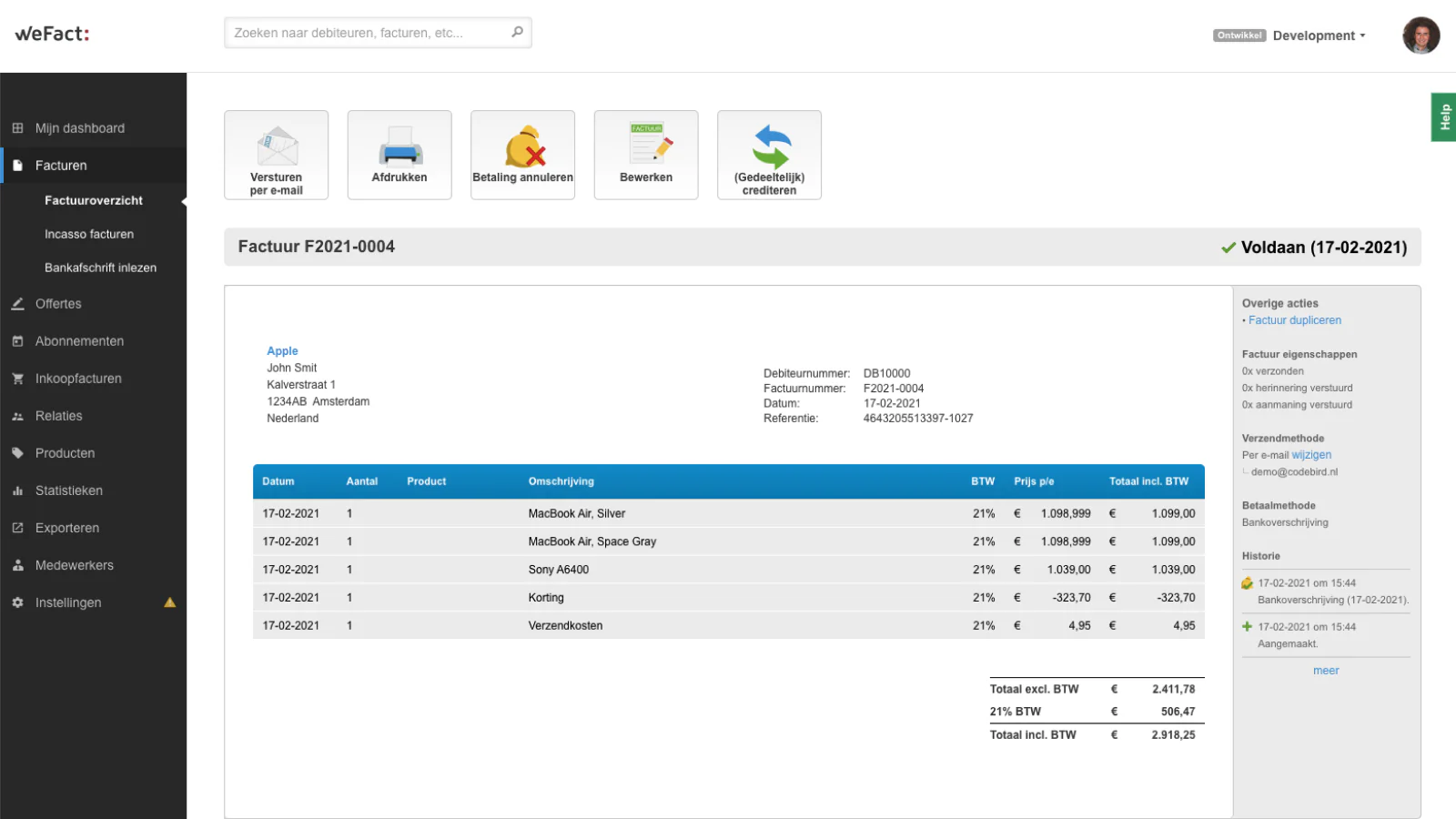 WeFact factuur automatisch aangemaakt op basis van Shopify bestelling