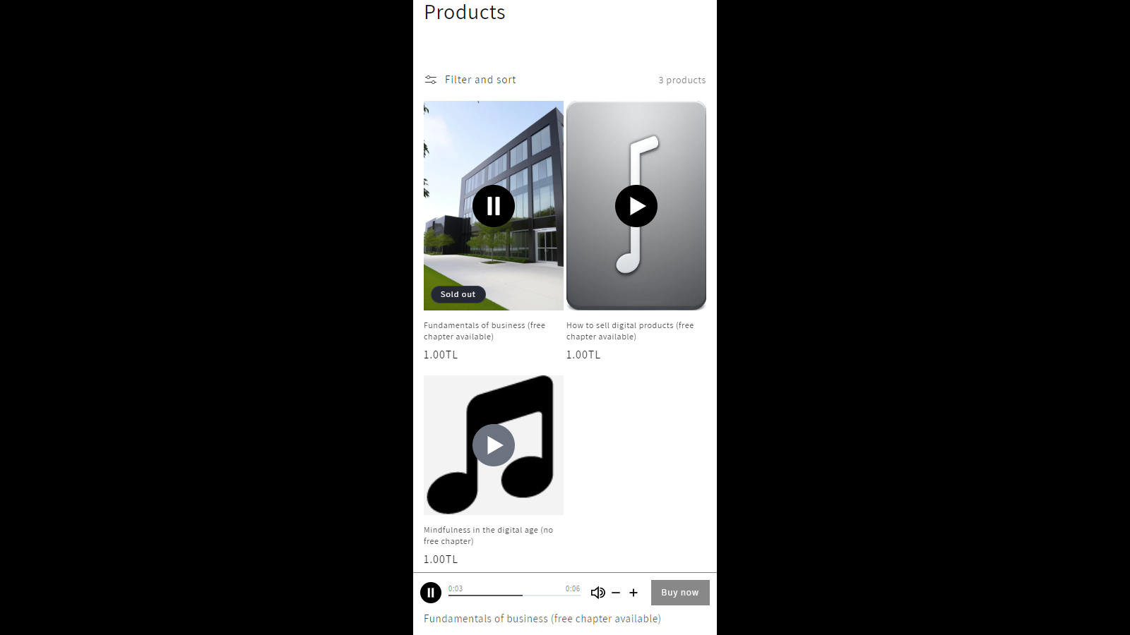 Audio player with sold out product