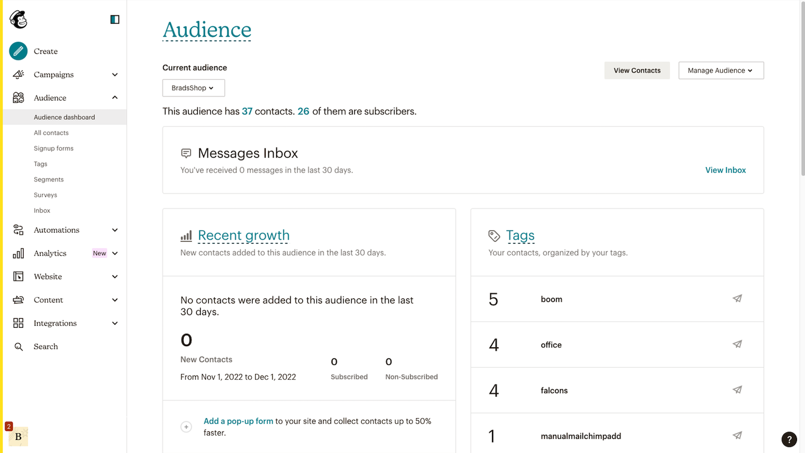 Tableau de bord de l'audience montrant croissance & performances