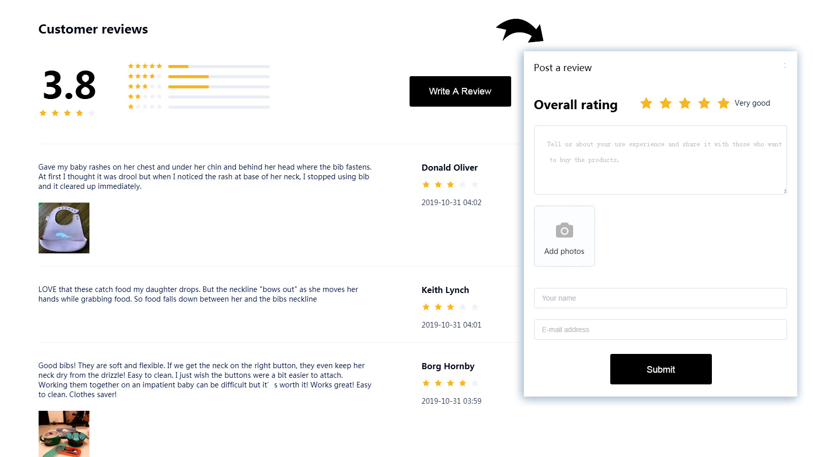  Visa fotorecensioner, samtidigt som kunderna kan skriva en recension