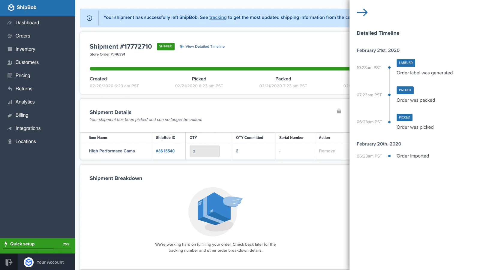 ShipBob order timeline with pick/pack timestamps