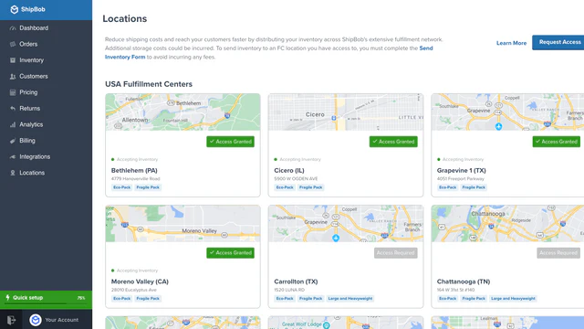 ShipBob locations page with fulfillment centers