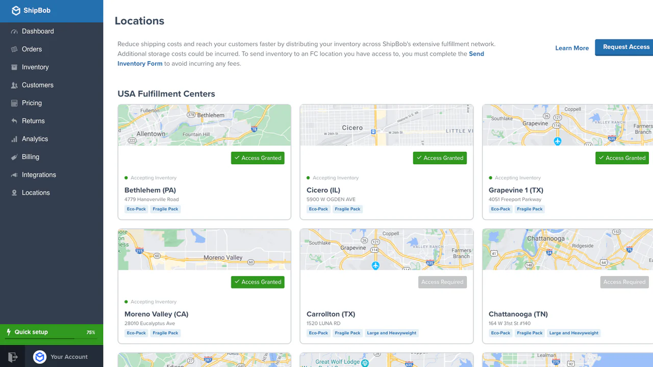 ShipBob locaties pagina met fulfillment centers