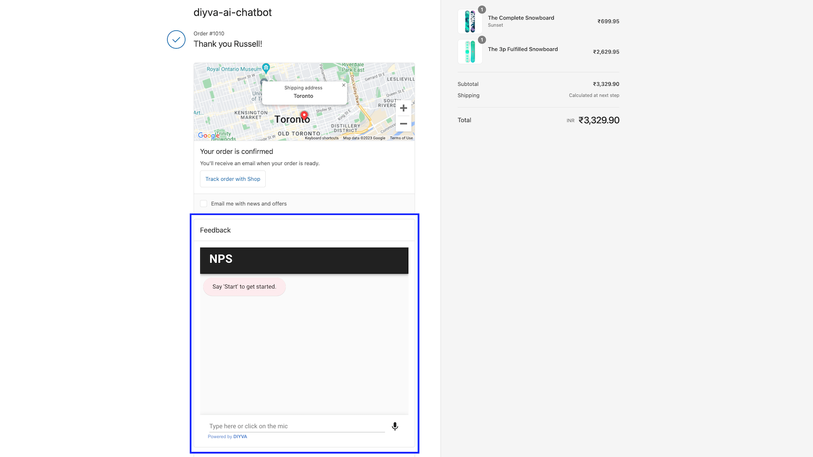 diyva order status pagina chatbot venster