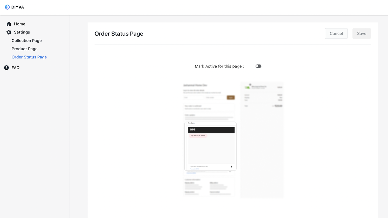 diyva app order status pagina instellingen