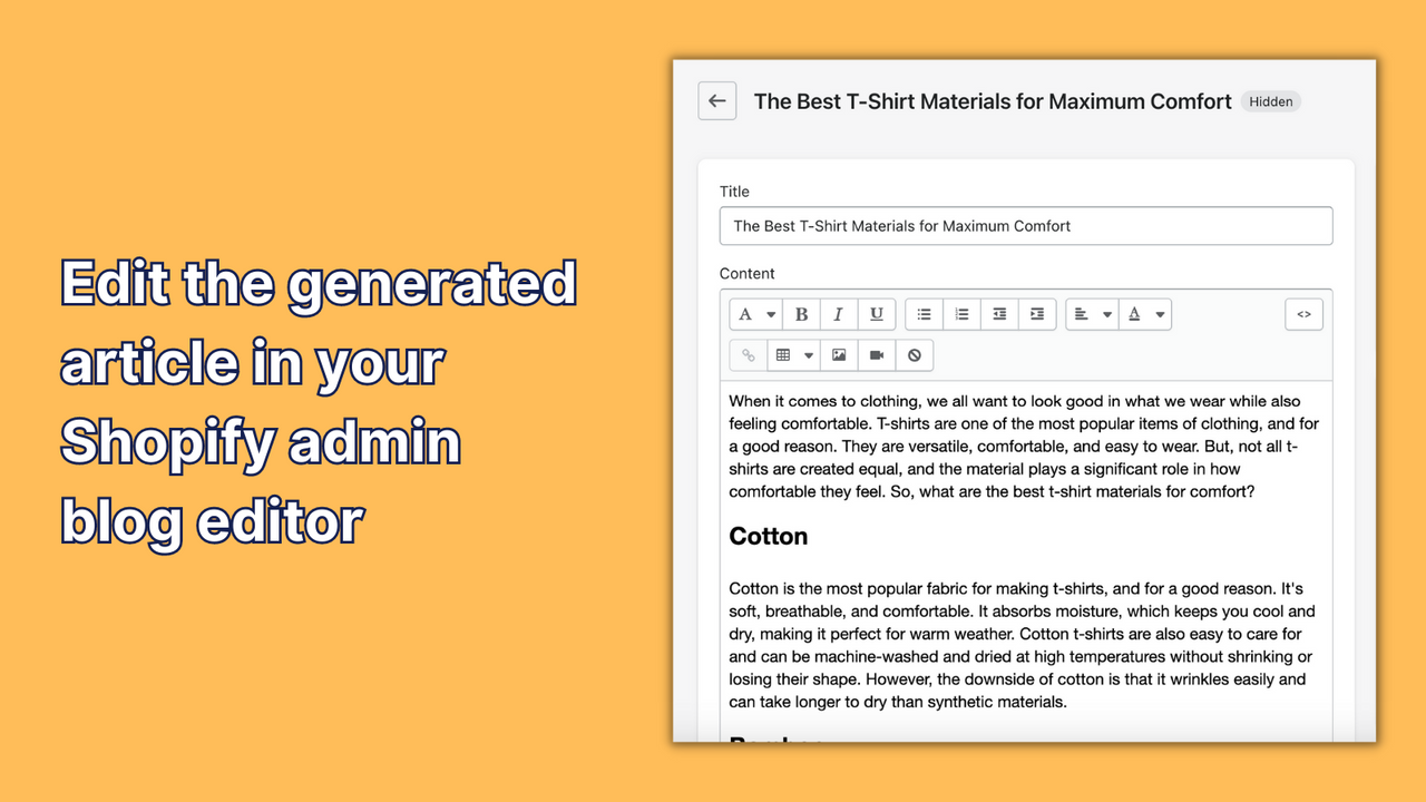 Bearbeiten Sie den generierten Artikel in Ihrem Shopify-Admin-Blog-Editor