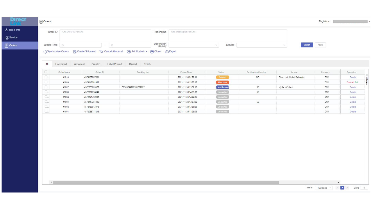 Order management and make a Direct Link label for shipping.