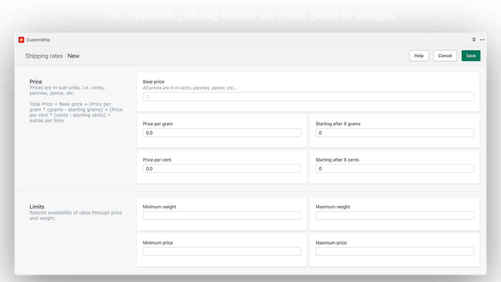 Taxas dinâmicas com base no preço ou peso do pedido