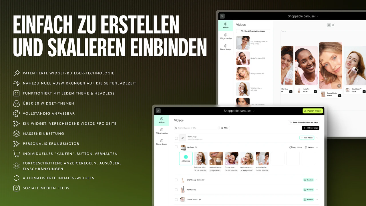 Shoppable Video, Videoplayer, Video-UGC, Video-Rezensionen.