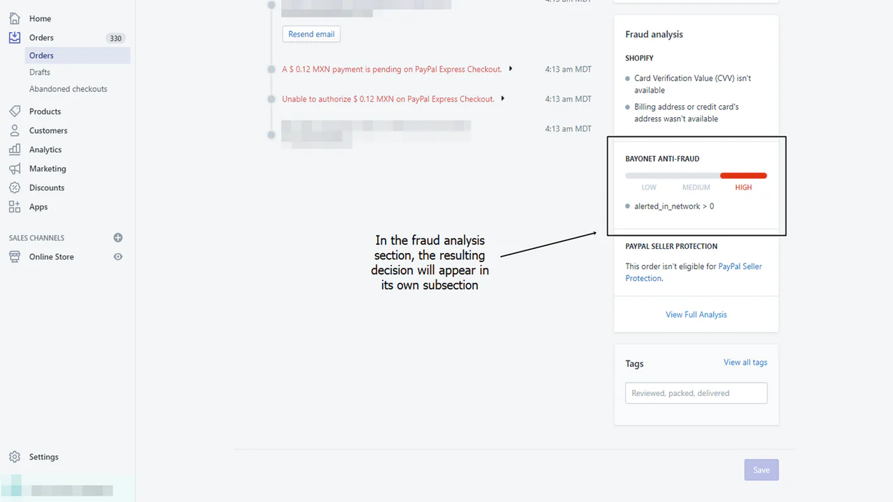 Sous-section d'analyse de fraude pour Bayonet Anti-Fraud