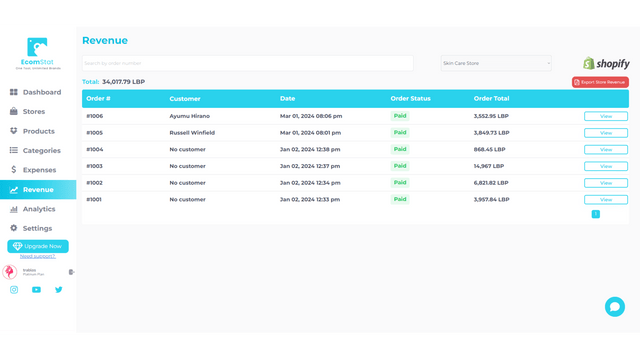 Page des revenus EcomStat