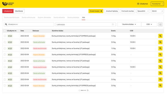 Page de liste des commandes