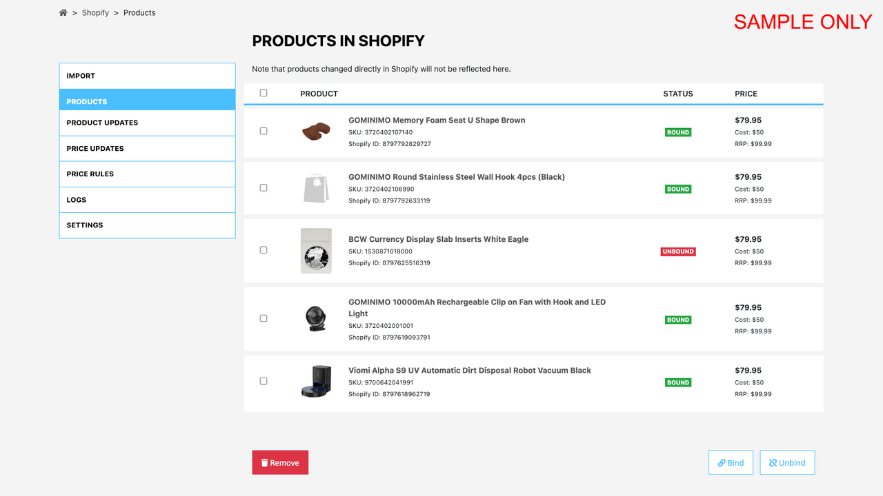 Produtos que foram importados para o Shopify
