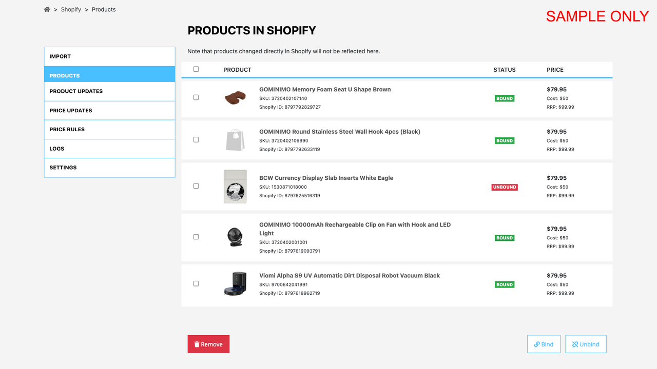 Produkter som har importerats till Shopify