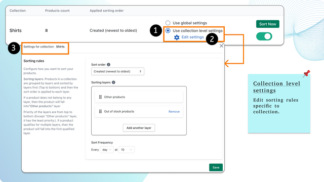 Mostrando cómo editar la configuración de ordenación para una colección específica