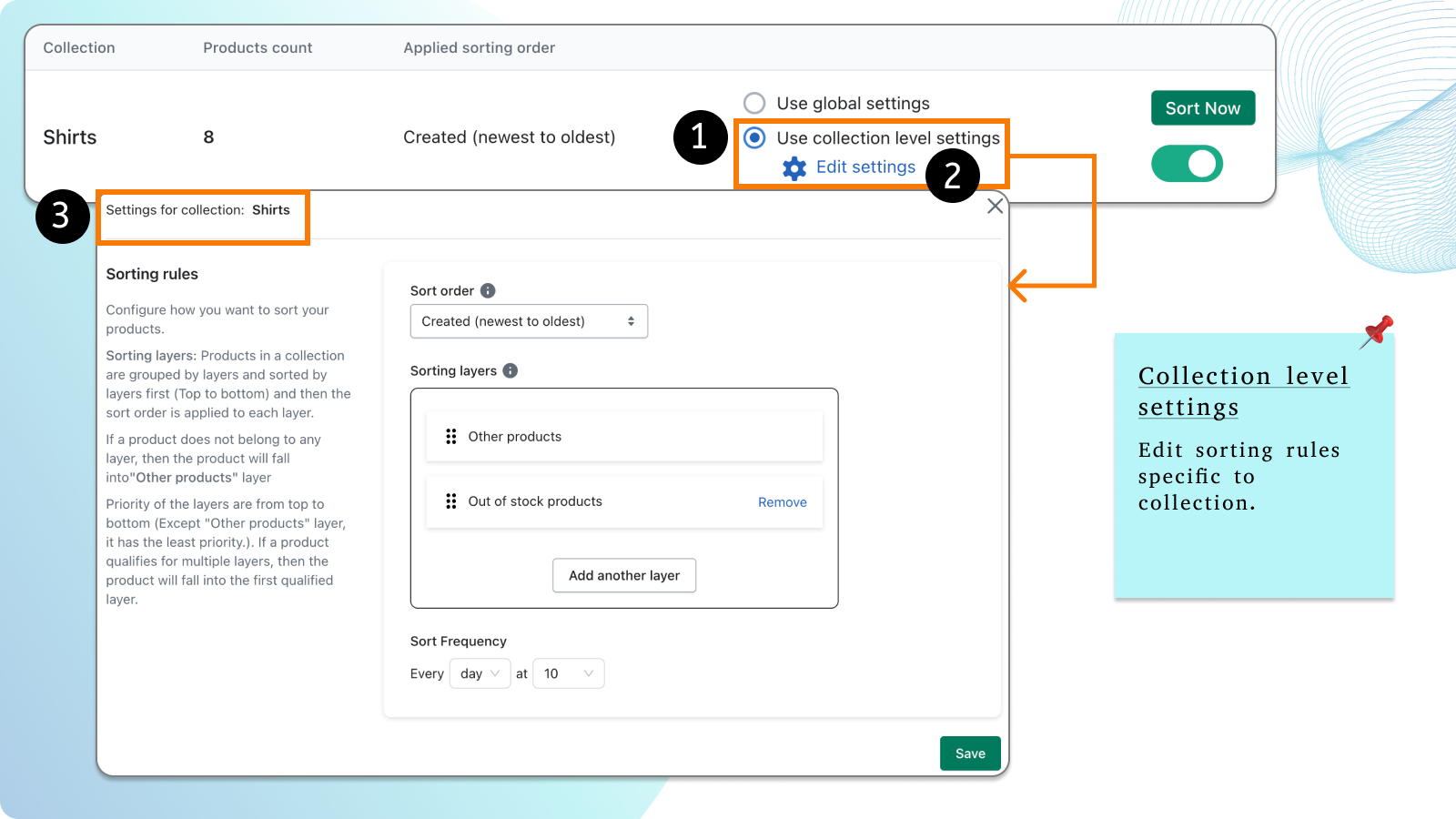 Mostrando cómo editar la configuración de ordenación para una colección específica