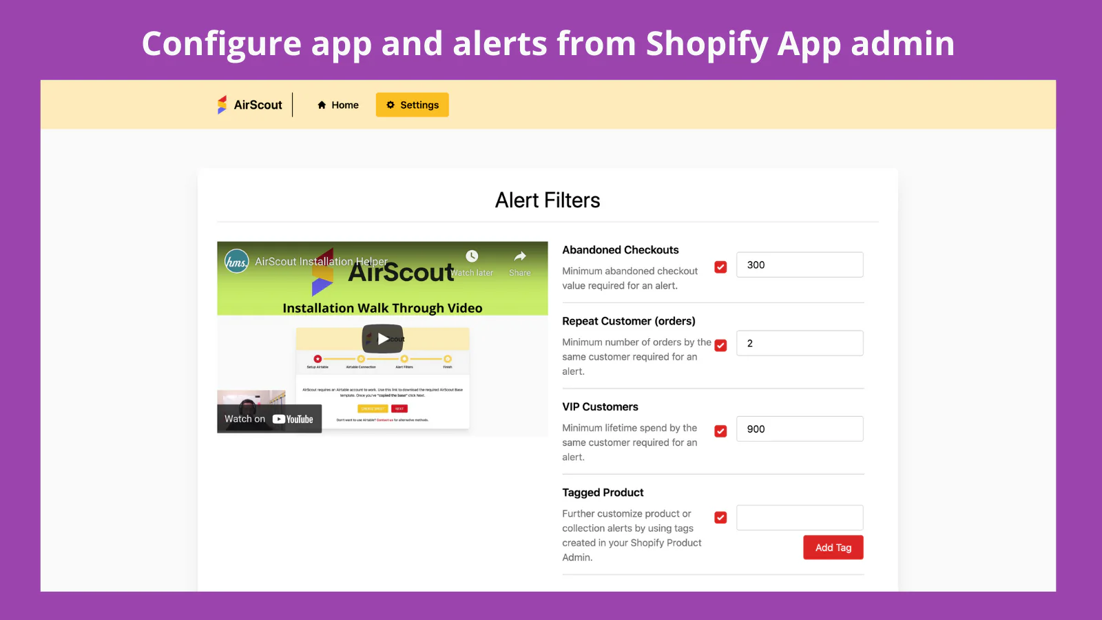 Interface Shopify AirScout