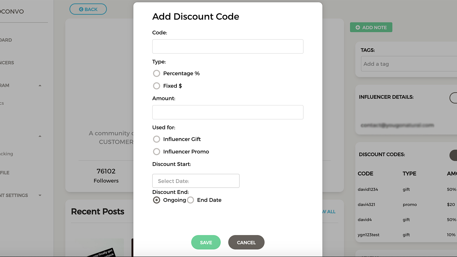 We create and share Discount Codes with your influencers. 