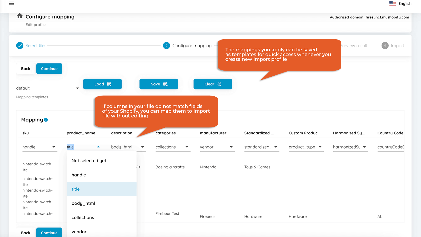 Map custom column names with Shopify fields, and save for later