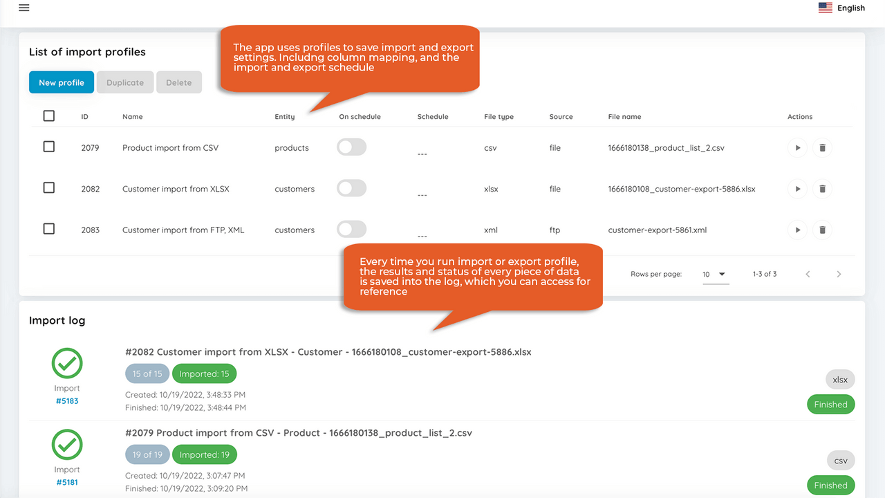 Brug profiler til at gemme din import og eksport data