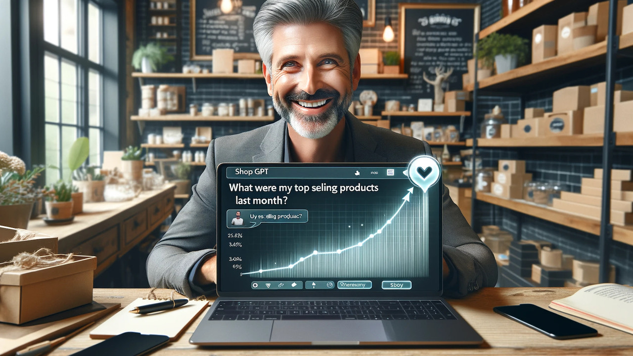"Merchant using ShopGPT on laptop in shop, showing sales data