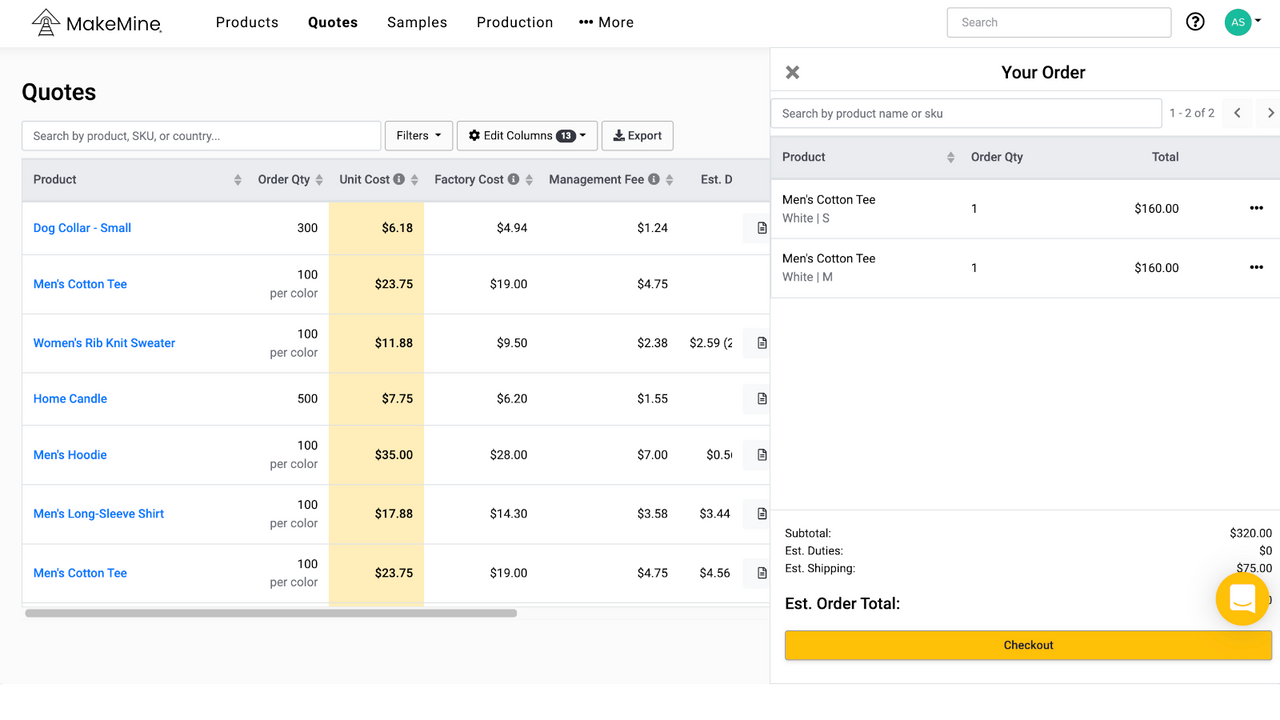 makemine sample order cart view