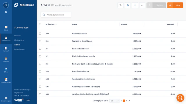 WISO MeinBüro Web Artikel und Lagerverwaltung