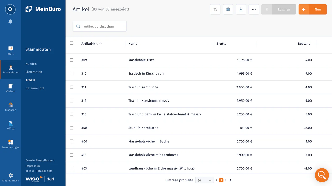 WISO MeinBüro Web Artikel und Lagerverwaltung