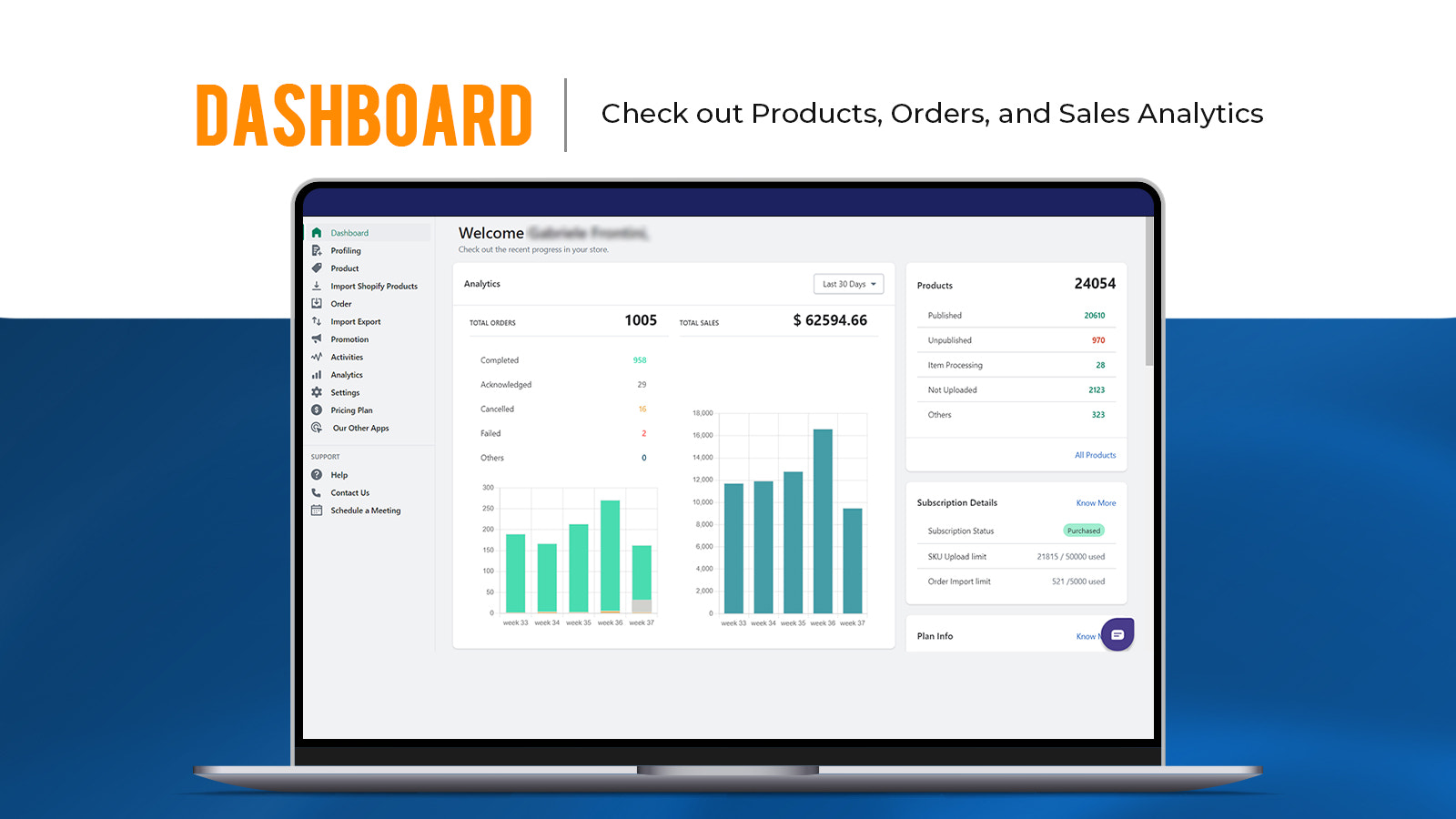 Appens instrumentpanel visar order- och produktstatistik