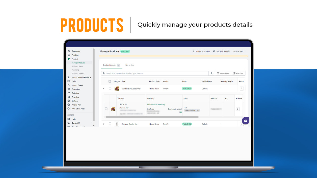 Visar alla produkter importerade från Shopify till appen.