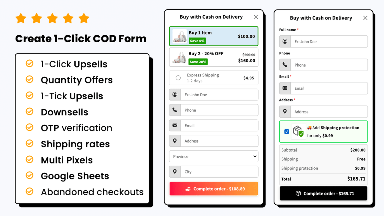 cod order form with upsells, downsells, quantity offers and otp