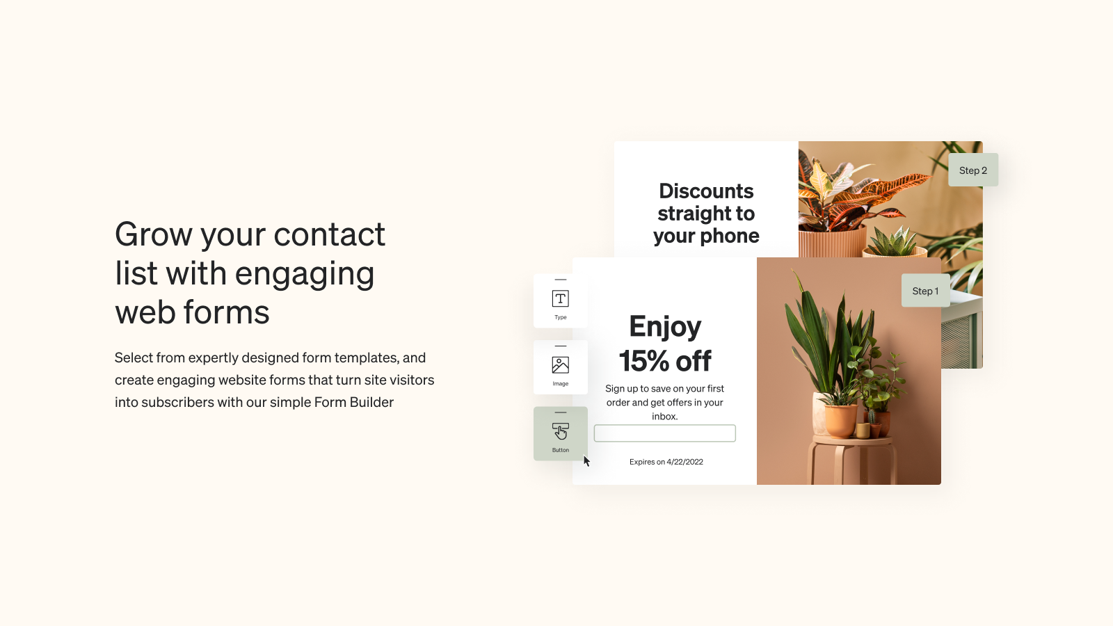 Discount signup form featuring 15% off email signup with plants 