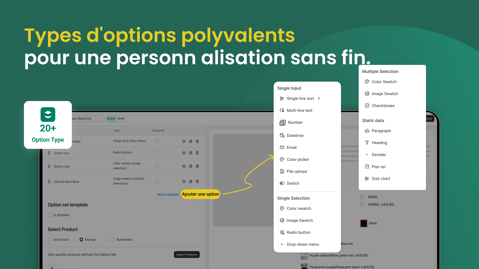 Types d'options polyvalents pour une personnalisation infinie