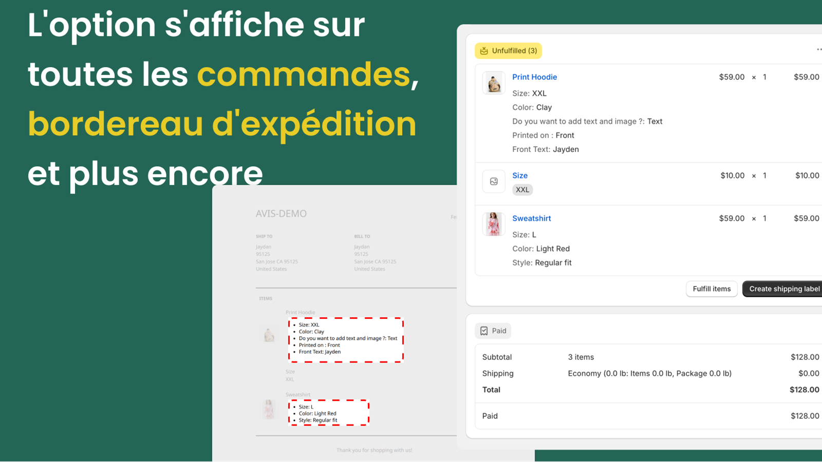 Affichage des options dans la commande, l'e-mail, le bordereau d