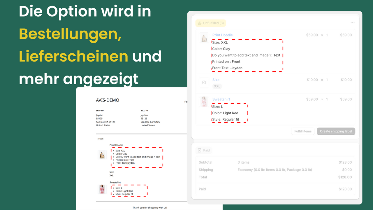 Optionsanzeige in Bestellung, E-Mail, Lieferschein, Rechnung...