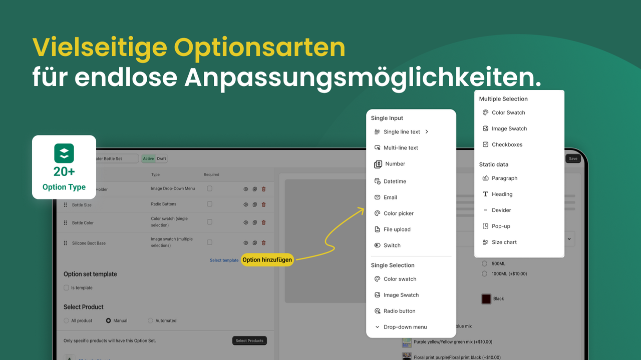 Vielseitige Optionstypen für endlose Individualisierung