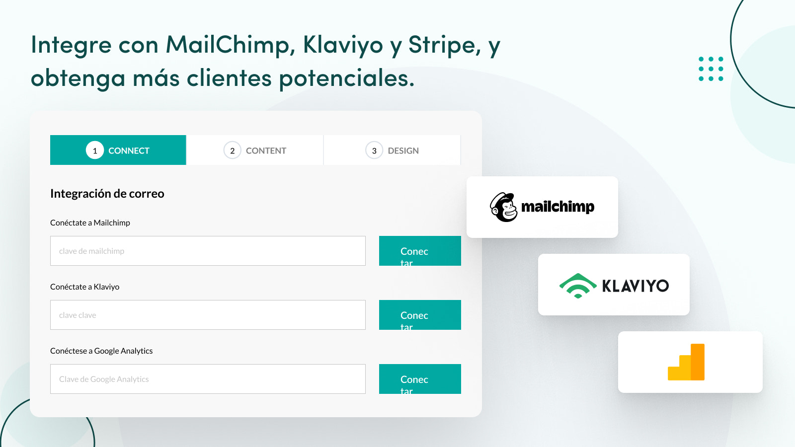 Integración con MailChimp y Klaviyo.