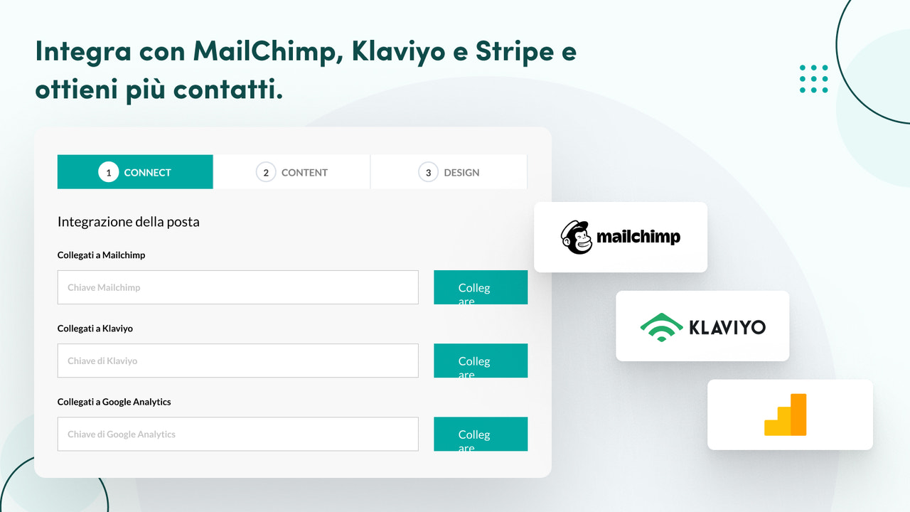 Più contatti grazie all'integrazione con MailChimp, Klaviyo. .