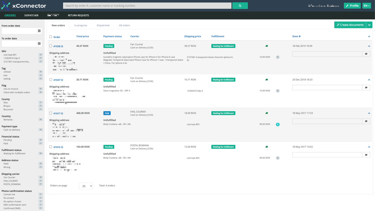 A lista de pedidos com filtros no painel esquerdo 