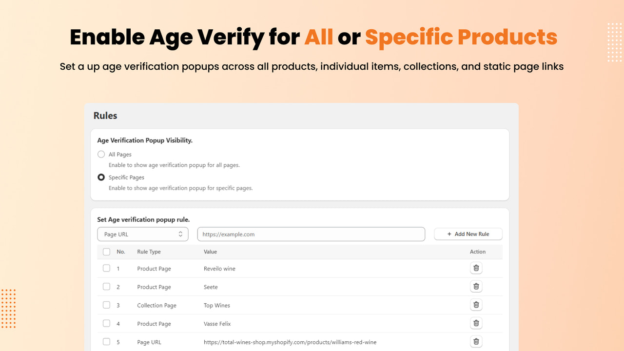 Age verification for all or specific pages