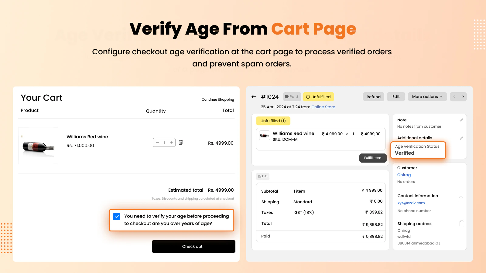 Mensagem de Verificação de Idade - Página do carrinho e do pedido