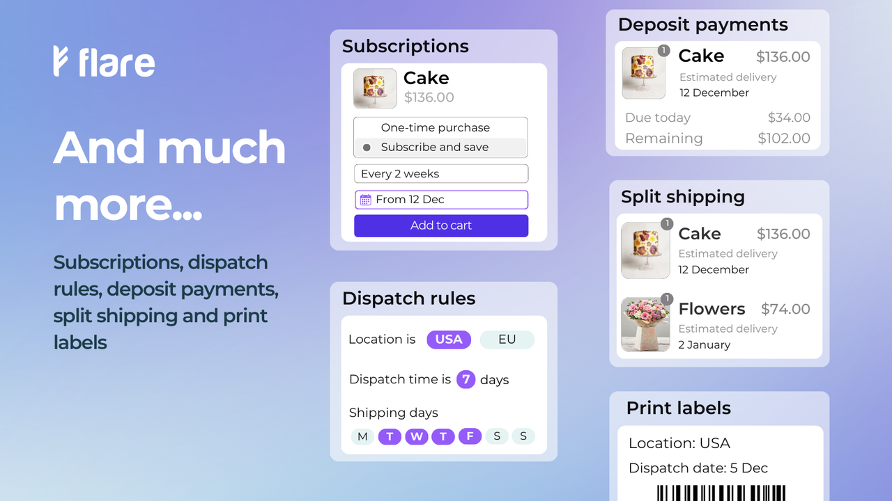 Subscriptions, shipping rules, deposits, split shipping, labels