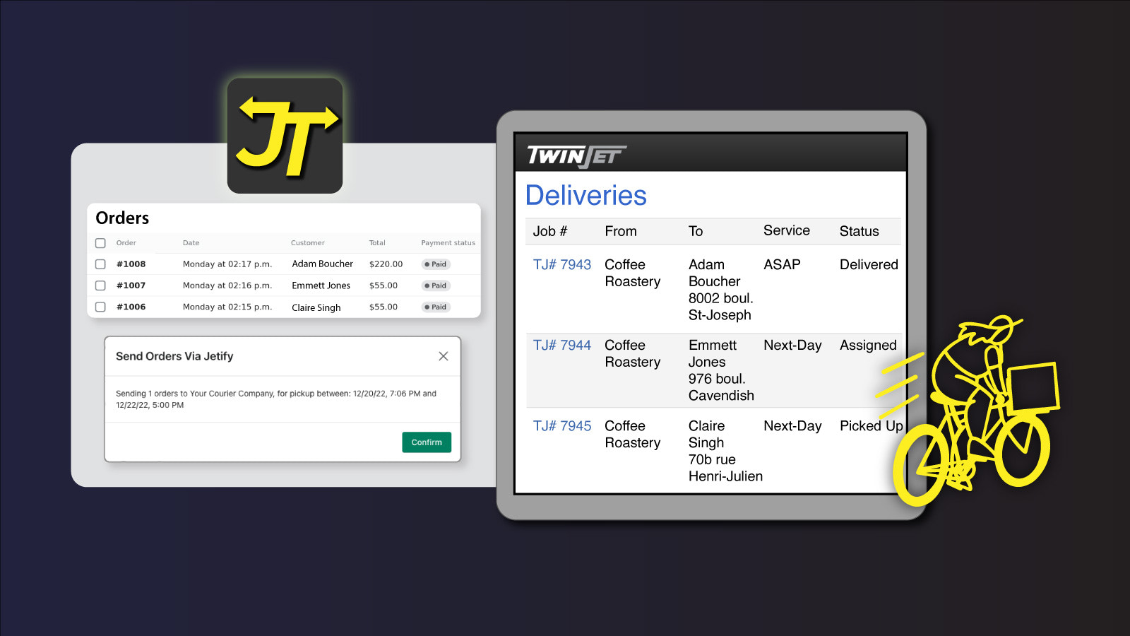 Capturas de pantalla de pedidos de Shopify junto a trabajos correspondientes de Twinjet