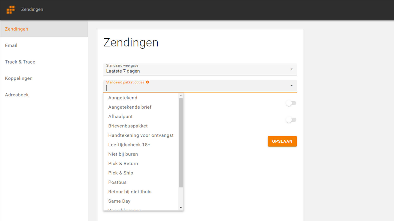 Veel instellingen waaronder standaard verzendingopties.