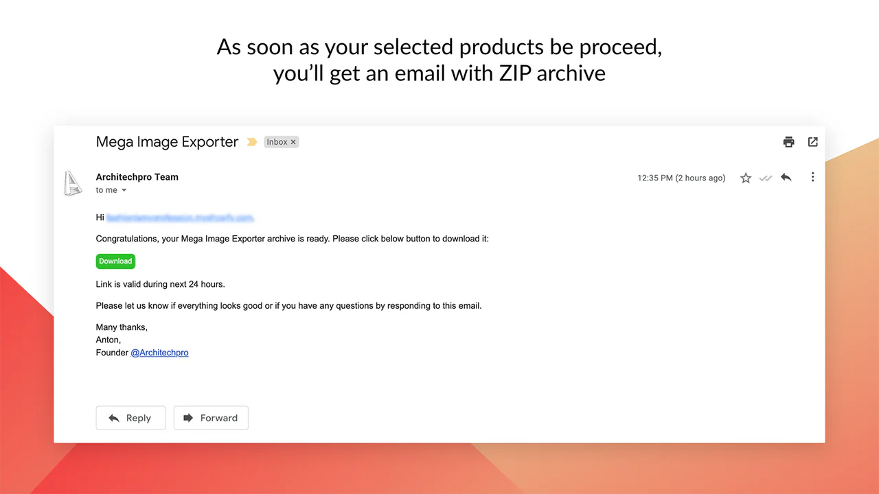 Mega Media Exporter – email avec le lien de téléchargement de l'archive ZIP d'images