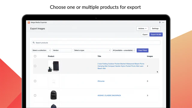 Mega Media Exporter – tableau des produits disponibles pour l'exportation